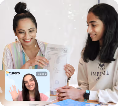 A student and her mother attentively participating in an online tutoring session, with the tutor's image displayed in the lower left corner of the screen.