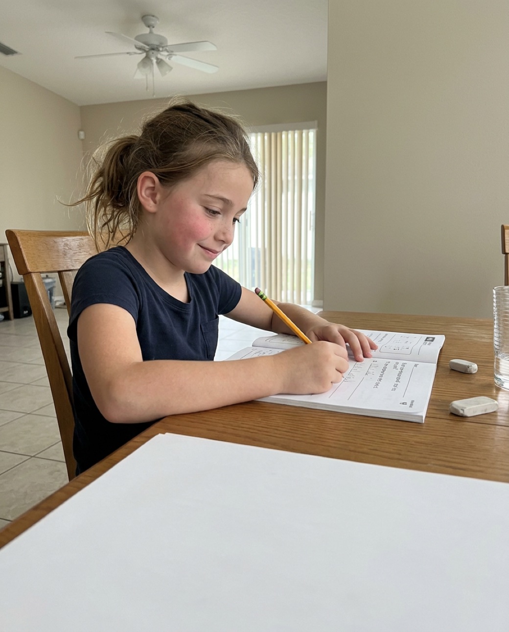 A Florida student working through her homework at the kitchen table