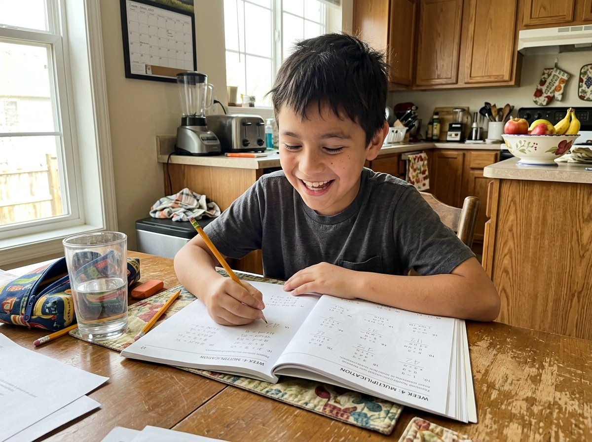 A student smiling while working through his math workbook