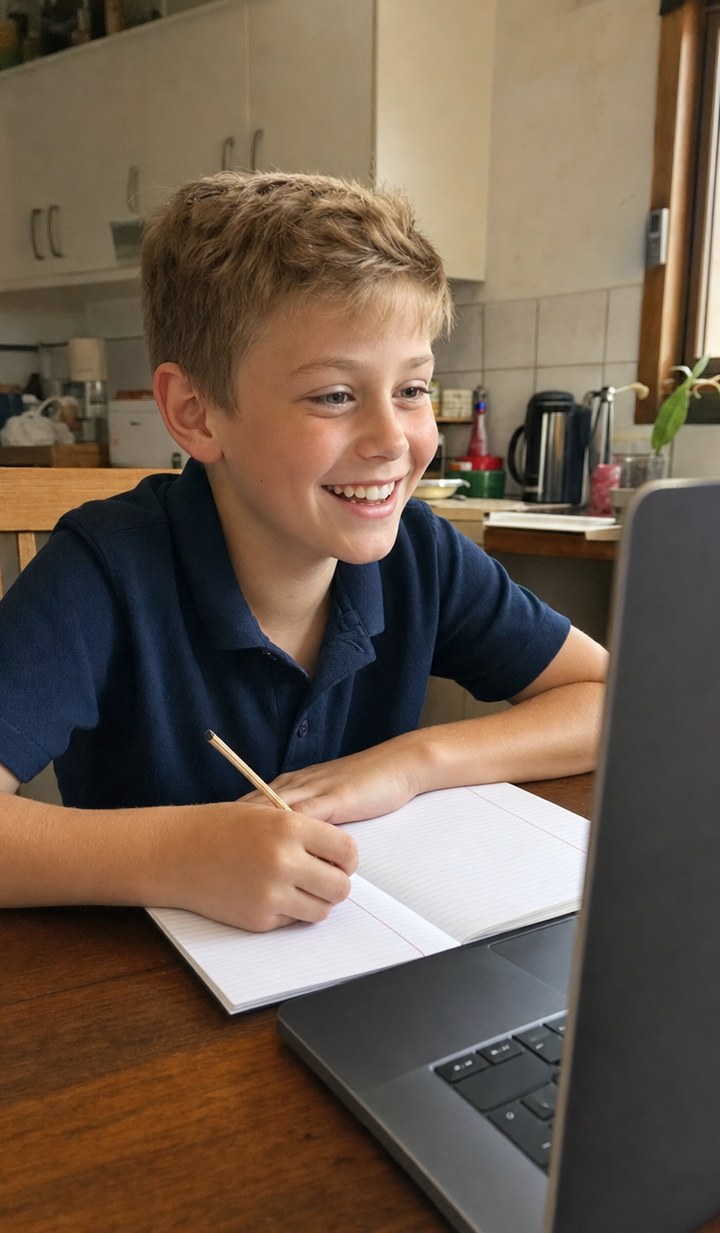 Primary school student laughing with his tutor during a 1-on-1 online special needs tutoring lesson at the kitchen table
