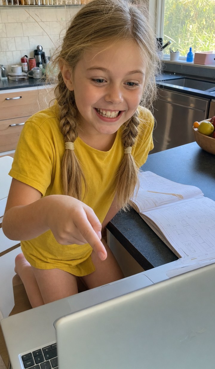 Young girl pointing at her laptop, excited, during an online special needs tutoring lesson with Tutero