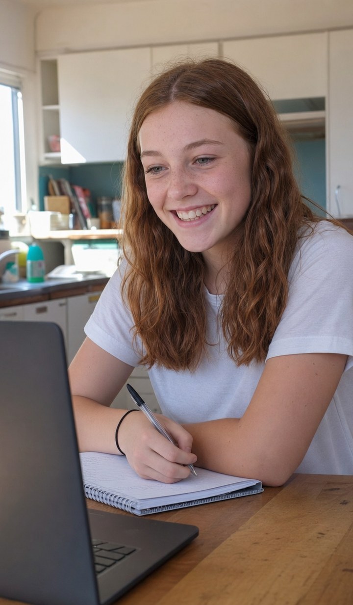 Teenage student laughing with her tutor during a 1-on-1 online ADHD tutoring lesson