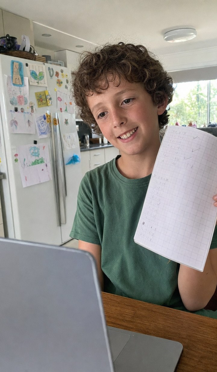 Primary school student holding up his finished work to his tutor in an online ADHD tutoring lesson
