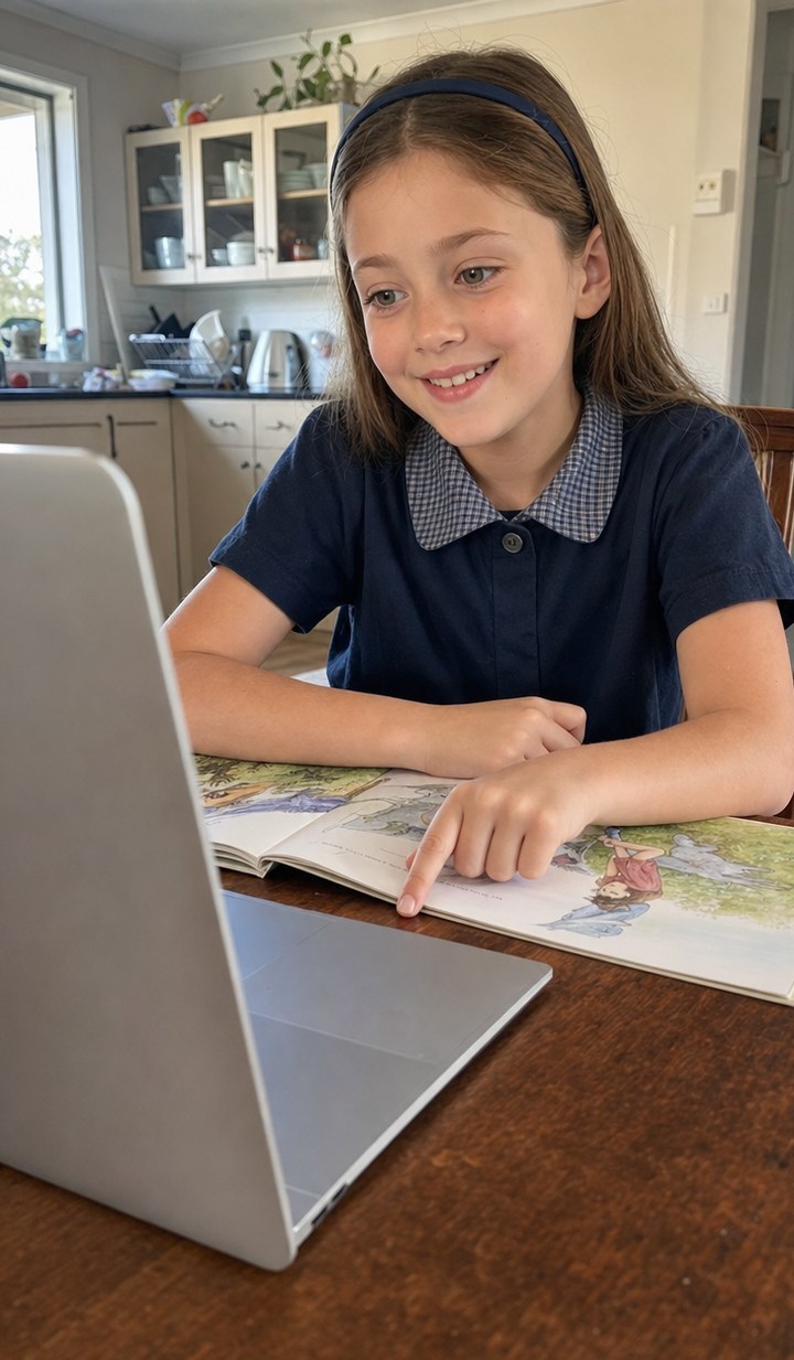 Young student reading aloud from a picture book in an online dyslexia tutoring lesson with Tutero