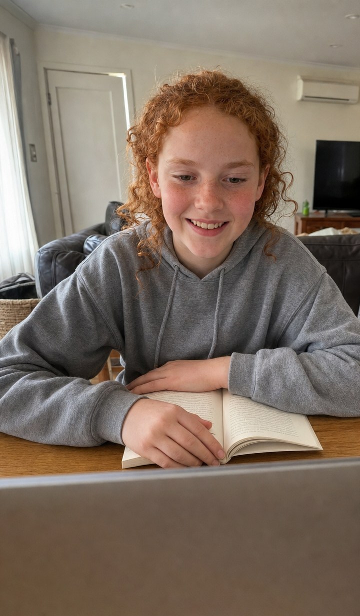Student reading a chapter book with her online tutor during a 1-on-1 dyslexia tutoring lesson
