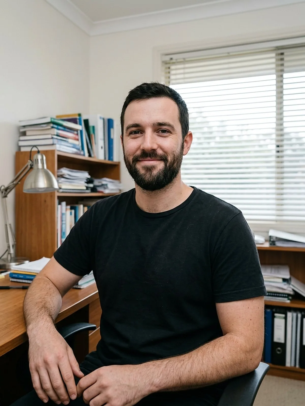 Tutero tutor smiling at his home-office desk, shelves of books behind him