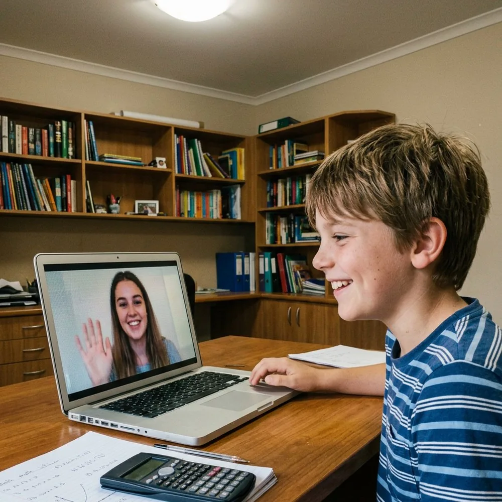 Primary student grinning as his teacher waves at the start of their weekly lesson