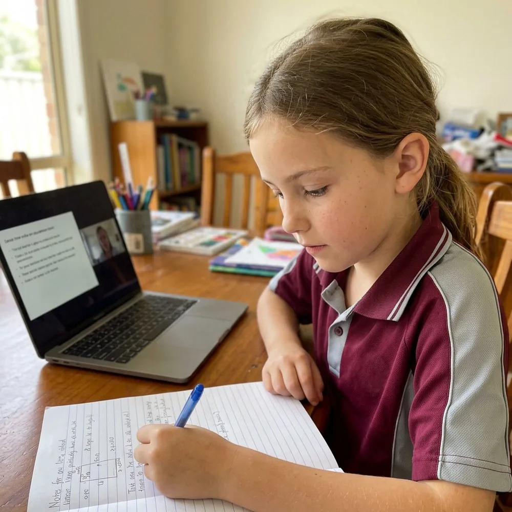 Primary student in her school uniform working in her exercise book during an online lesson