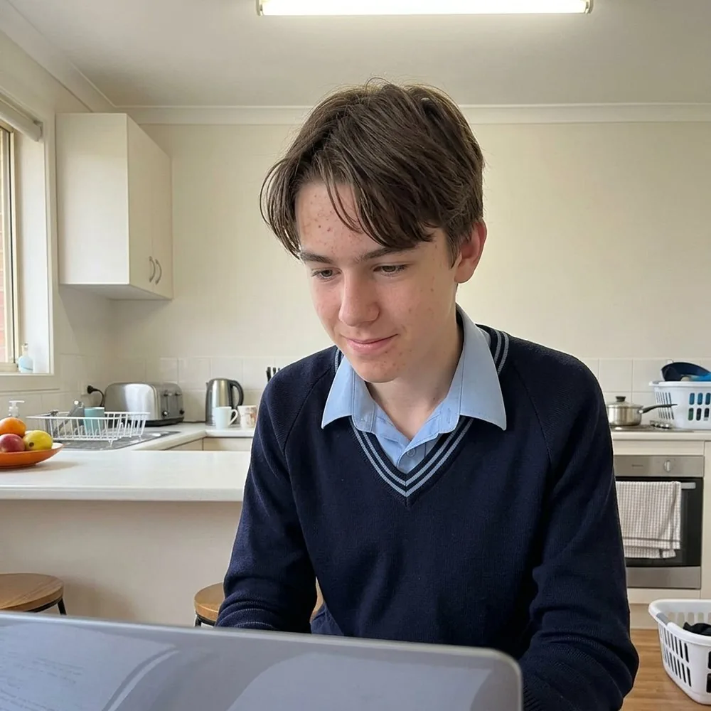 Year 9 student in his school uniform working at the kitchen bench