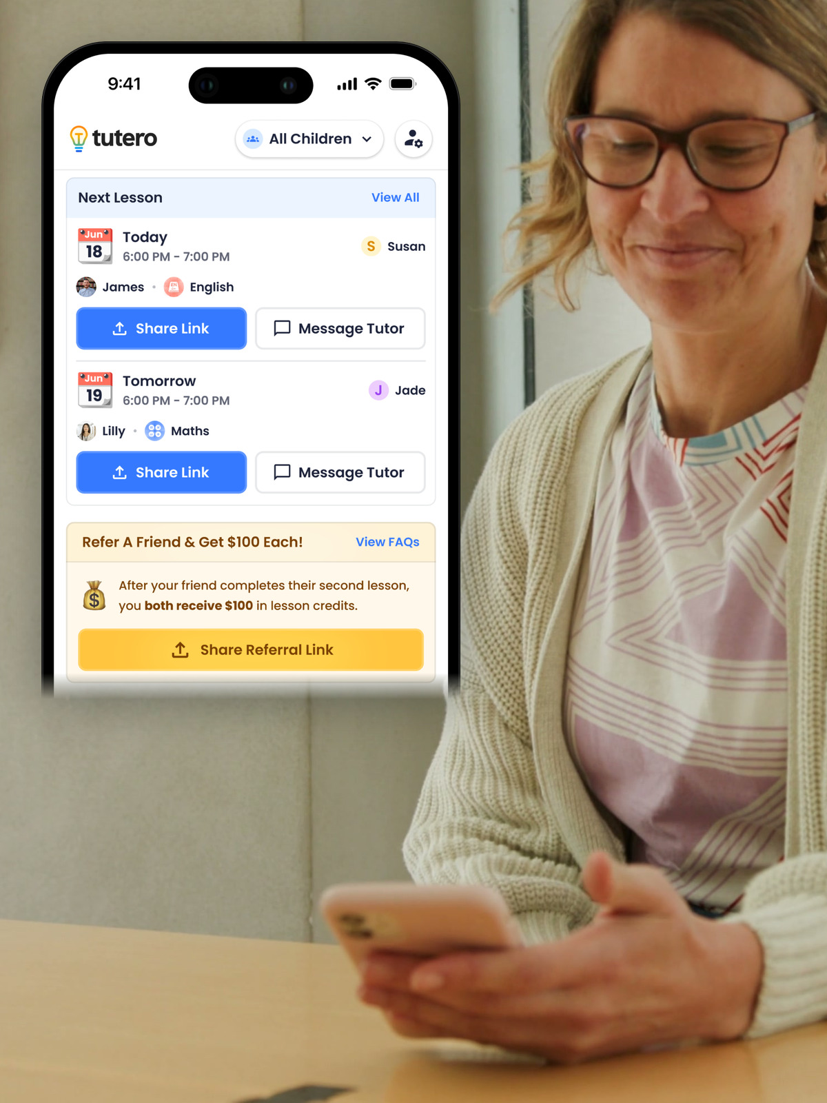A parent on her phone, with the Tutero parent app open beside her