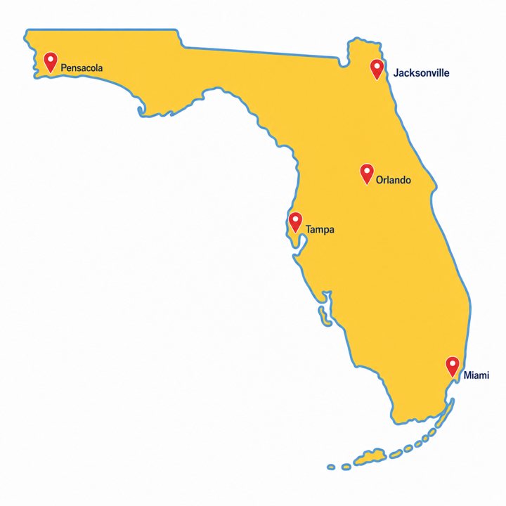 Map of Florida with Pensacola, Jacksonville, Orlando, Tampa and Miami marked