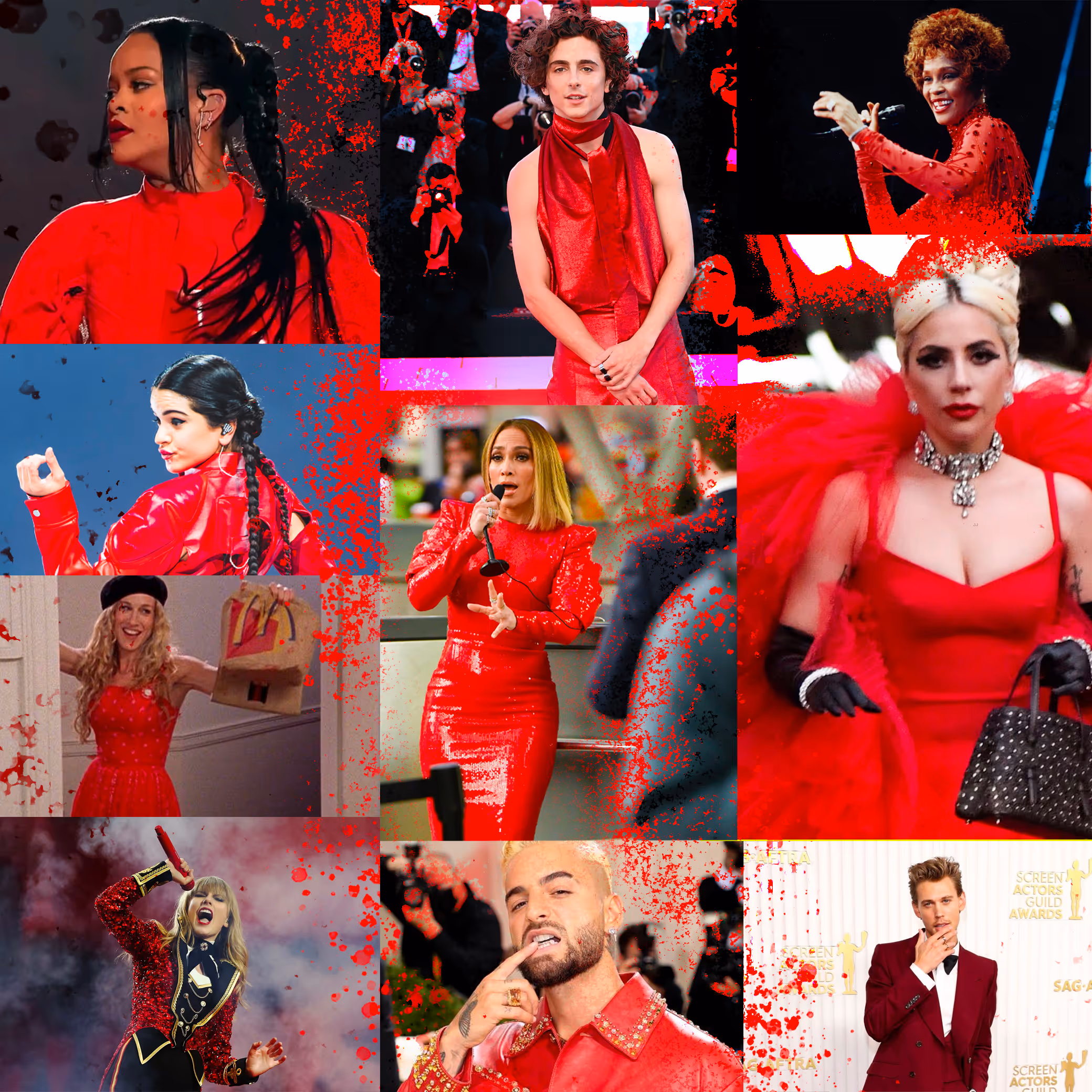 composite image of celebrities from Taylor Swift to Timothy Chalamet wearing Political Fashion red at 