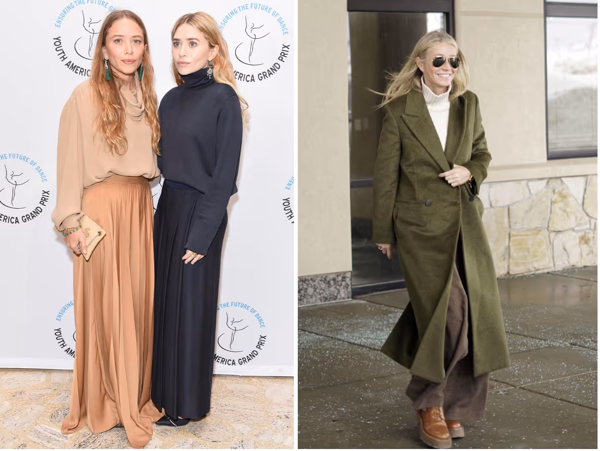 Left: Mary-Kate and Ashley Olsen wear turtlenecks and maxi skirts in black and brown tones for a photo-op. Right: Candid of Gwennyth Paltrow entering the courtroom wearing a white turtleneck and olive green trench coat.
