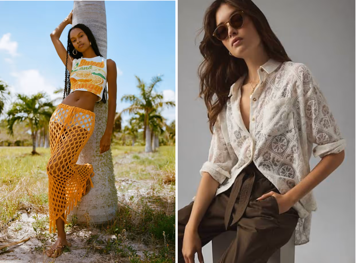 Composite image. On the left, a model wears a white crop top with orange decals and an orange crochet skirt. On the left, a model poses in a sheer white lace top and sunglasses