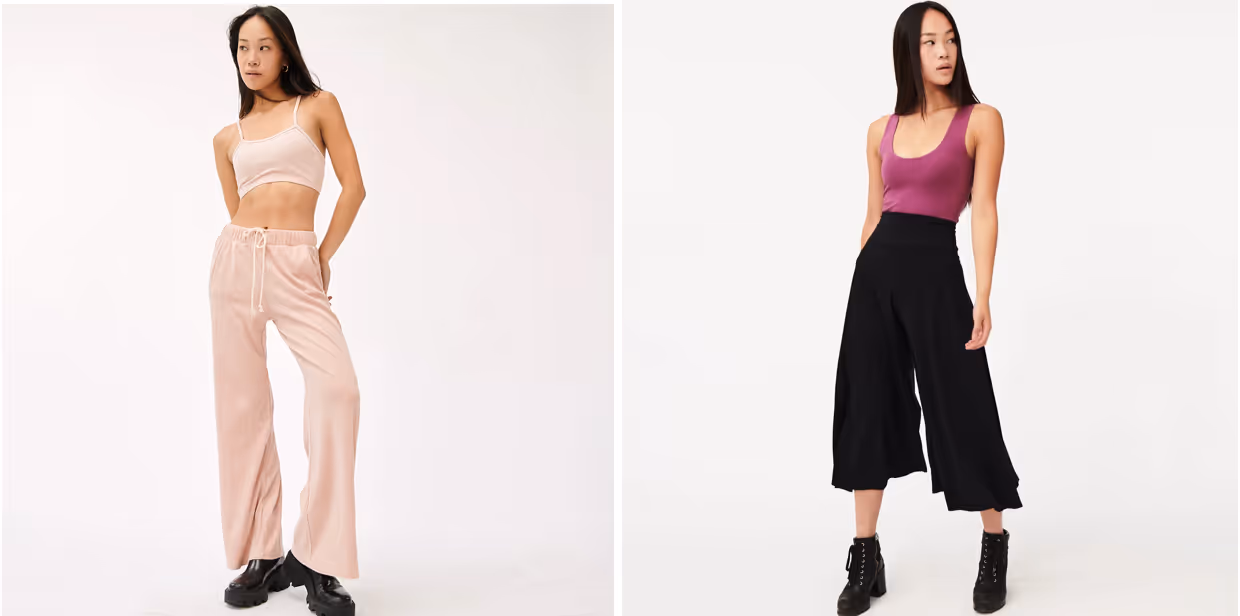 Composite image. Left: a model wears soft rib lounge pants, a straight lef pyjama pant, and U-bra in light pink. Right: a model wears a purple fitted crop top and black drifter pants, a wide-leg pant.