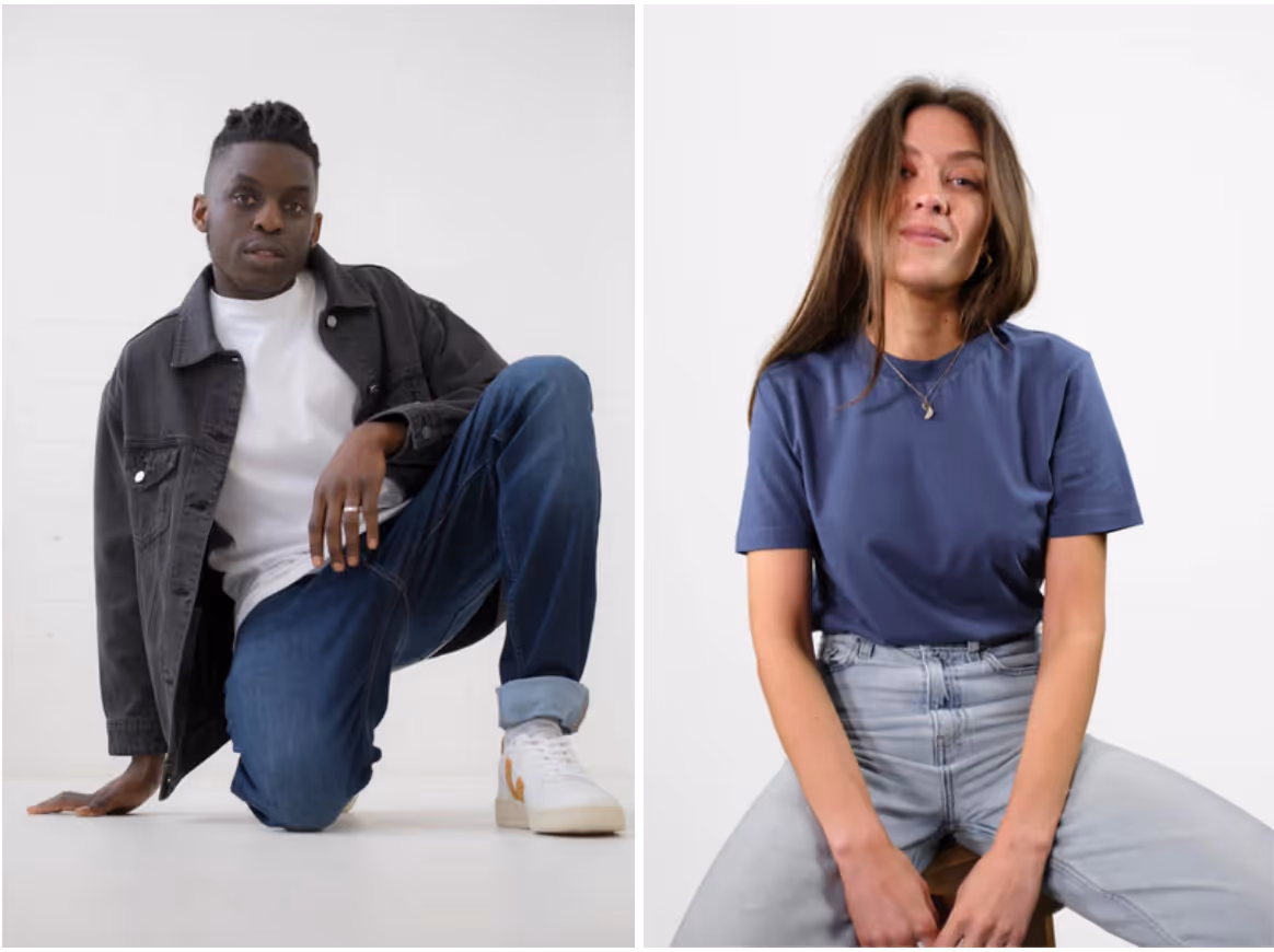 Composite Image: Left; male model wearing slim dark wash organic jeans and washed black organic jacket. Right; model wearing Yes Friends organic tee shirt in dark blue.