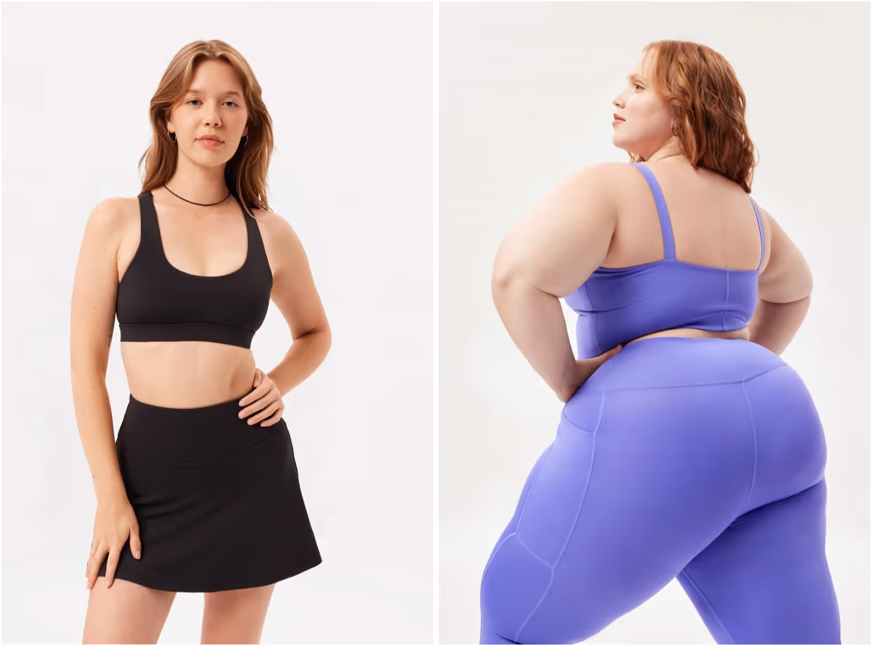 Composite image. On the left a model wears a black Ella Scoop Neck Bra and black Float Ultralight Skort. On the right, a different model wears a Compressive Pocket Legging and Mia High Neck Bra in a bright purple color.