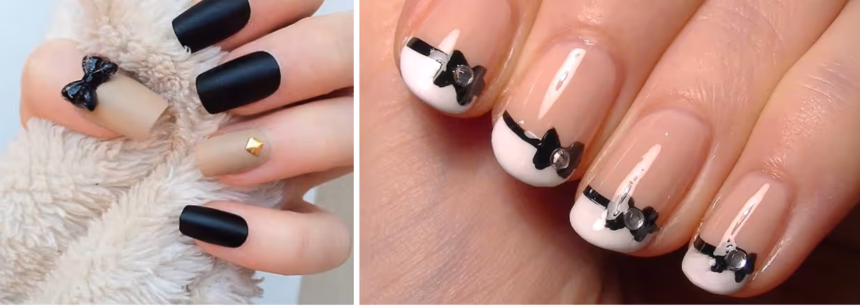 Composite image: on the left is a hand with black and tan nails. One of which has a large 3-d black bow on it. The right shows a french tip nail design, with a black bow separating the light pink from the white.