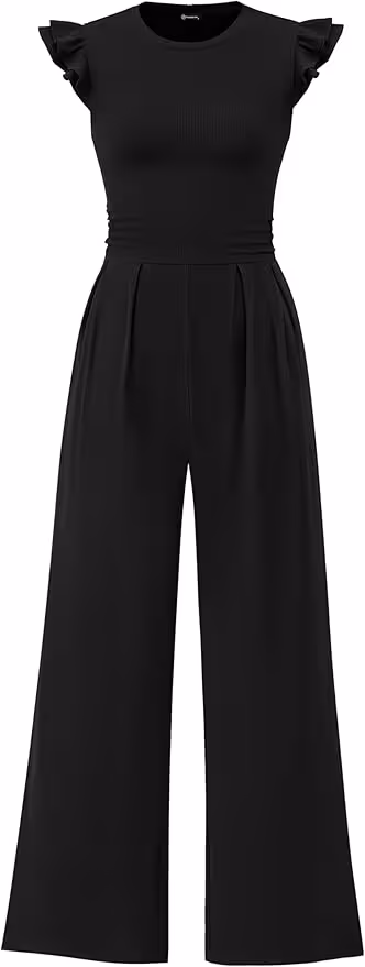 PRETTYGARDEN Summer Jumpsuits for Women Dressy 2025 Fashion Ruffle Cap Sleeve Romper Crew Neck Rib Knit One Piece Outfits