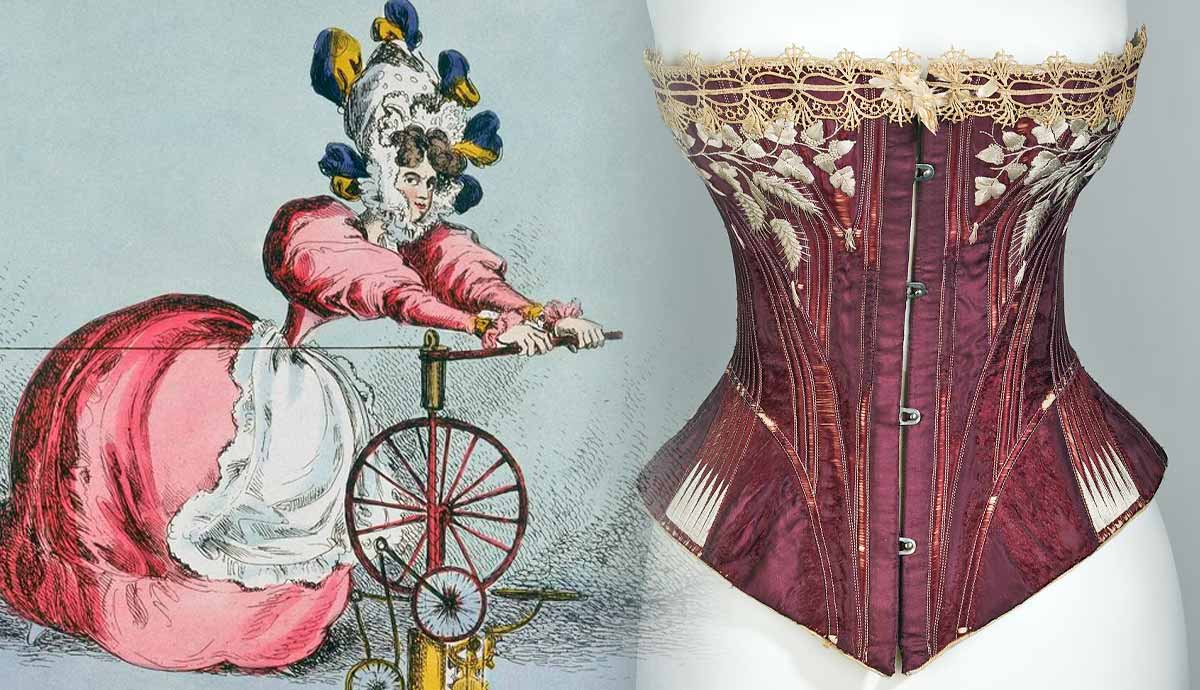 A cartoon of a woman with a comically small corset, juxtaposed with a real corset on a mannequin.