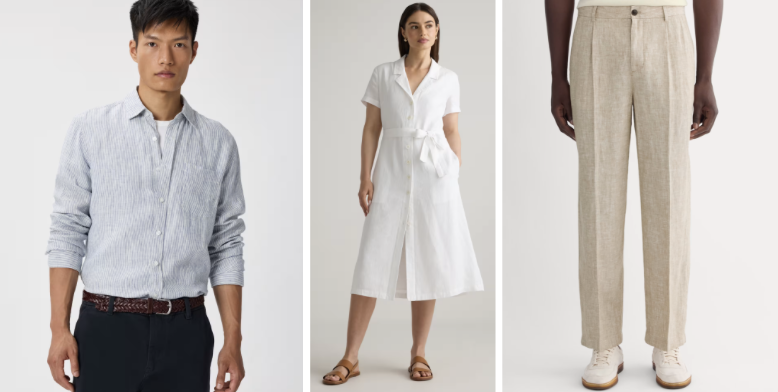 examples of lightweight linen clothing for men, women, and unisex