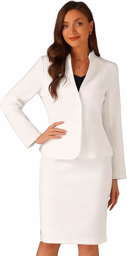 Allegra K 2 Piece Suit Skirt Set for Women's Business Formal Collarless Blazer and Pencil Skirts
