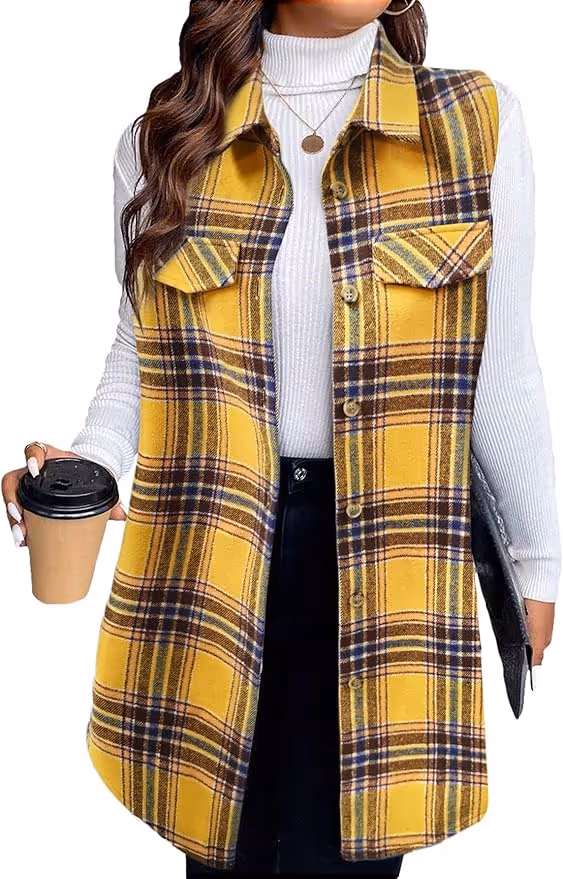 Mina Self 2025 Women's Fall Flannel Plaid Vest Tops - Sleeveless Long Single Breasted Casual Fashion Jackets With Pockets