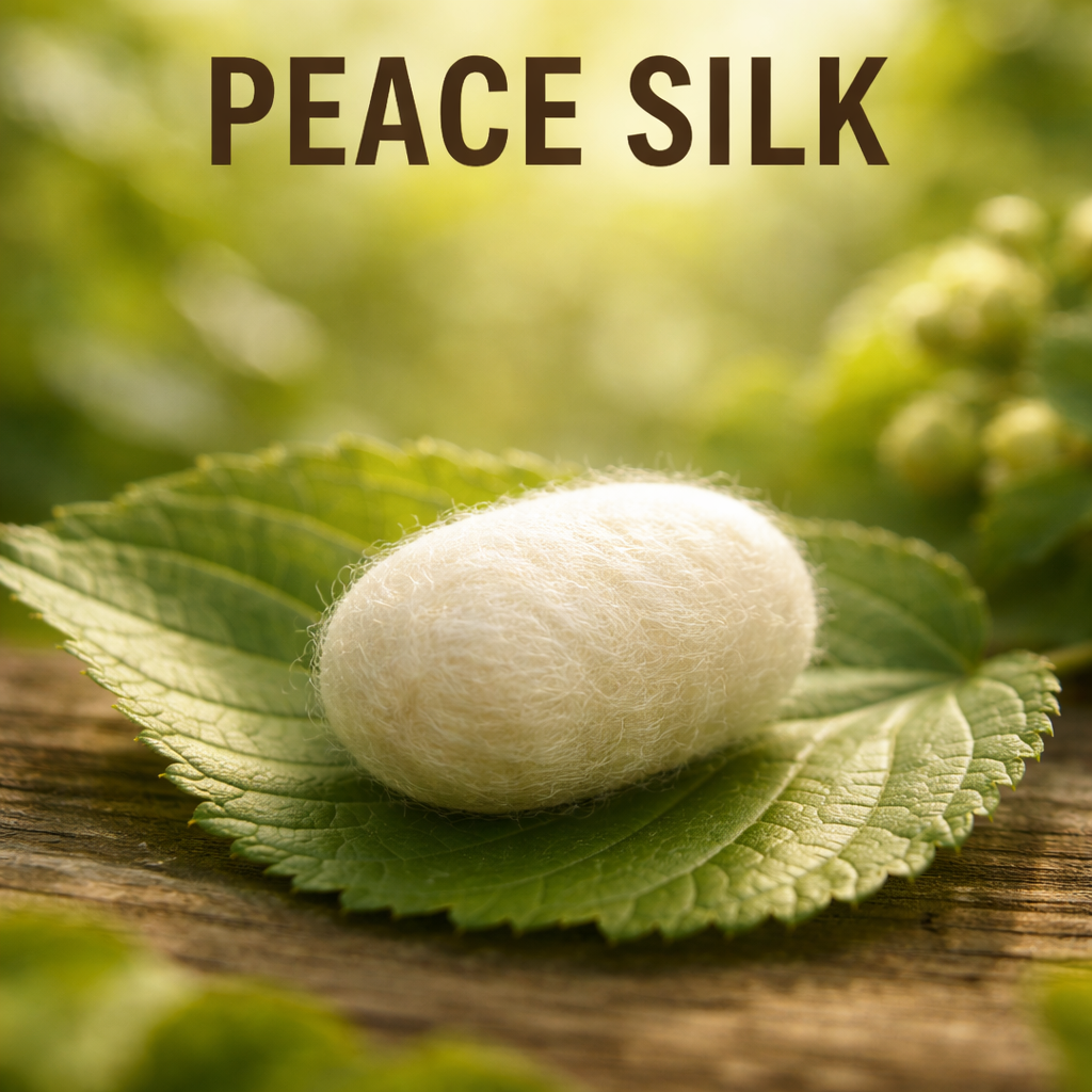 bundle of ahimsa silk sitting on a mulberry leaf