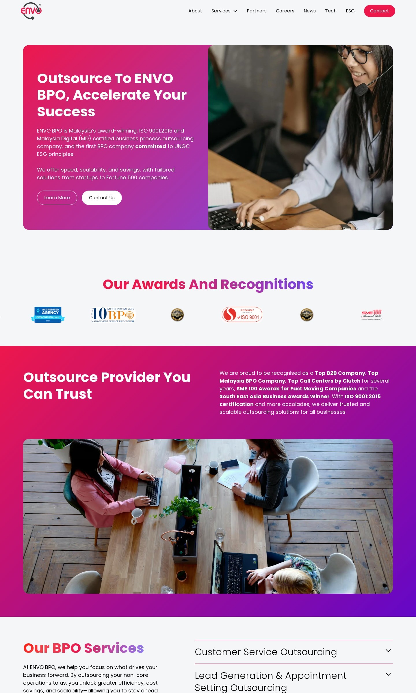 ENVO BPO website home page, desktop