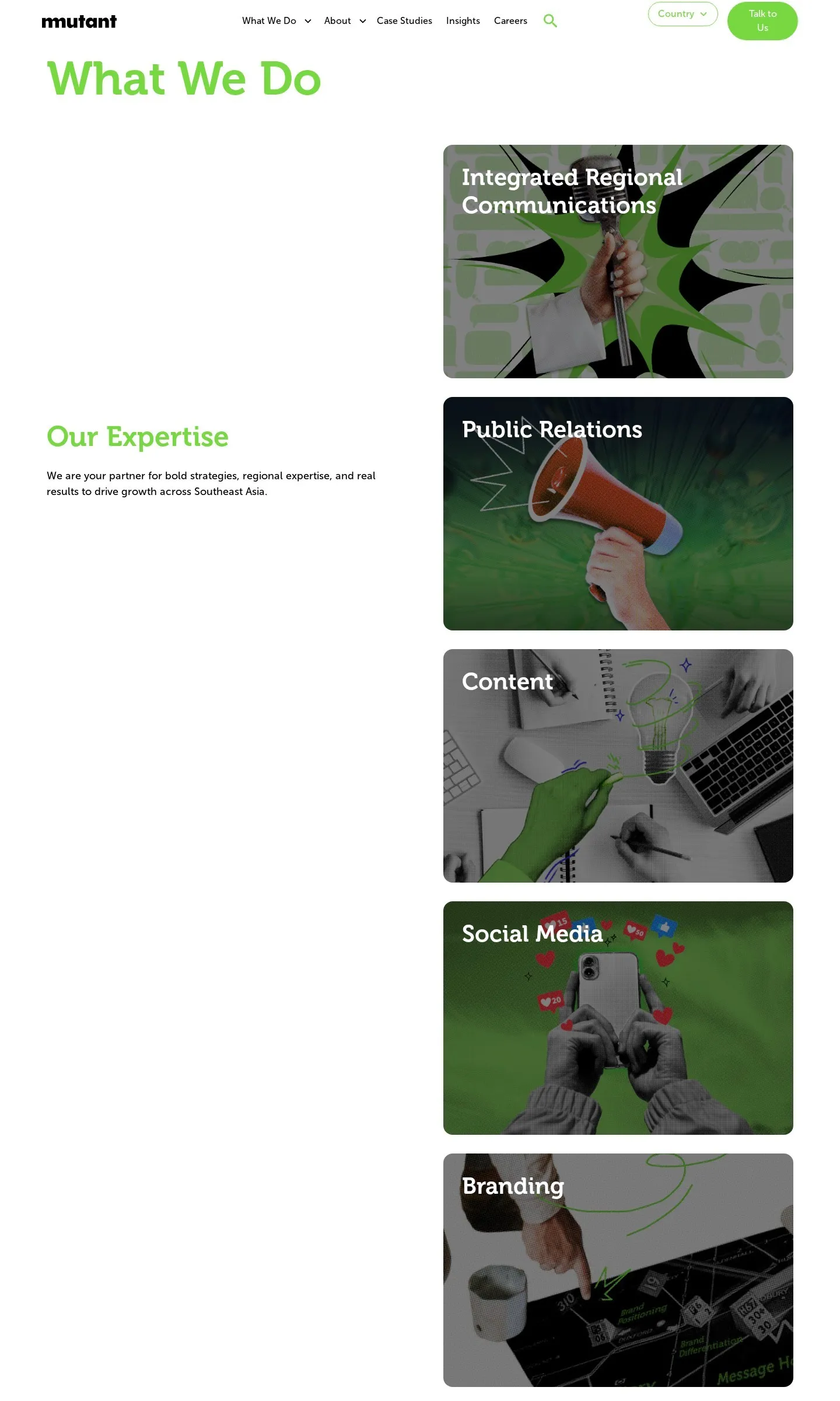 Mutant website, What We Do page, desktop
