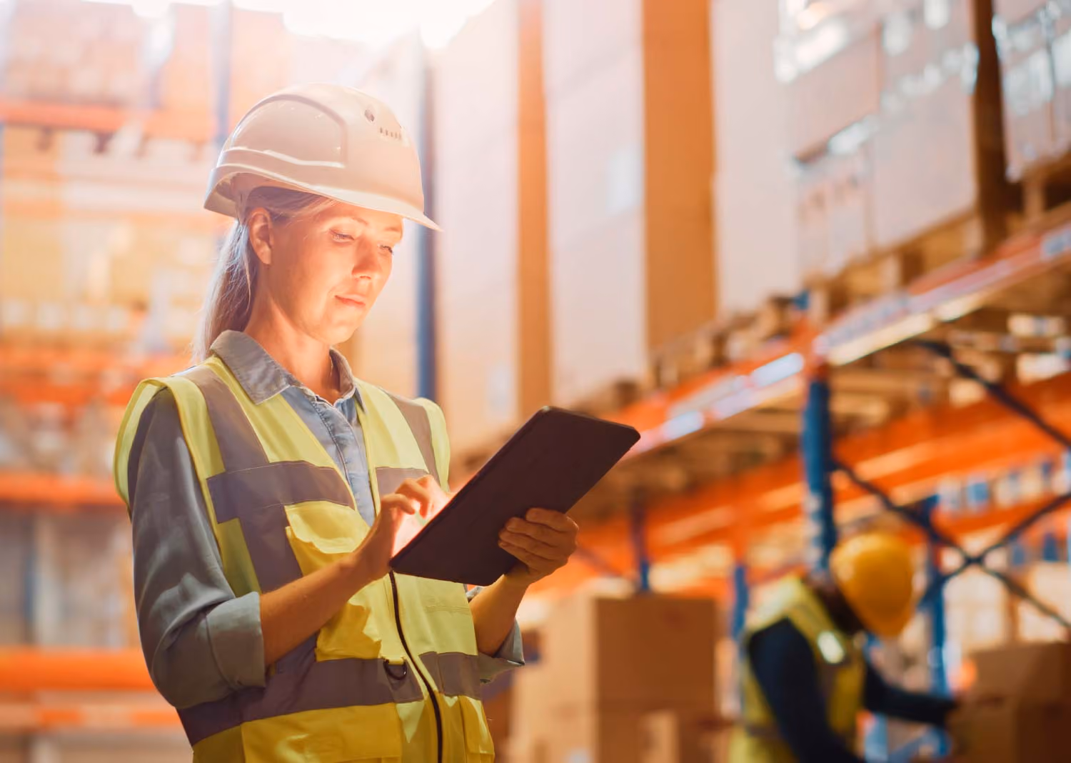 Woman with high vis vest and hard hat, using an iPad in warehouse.