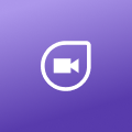 White video camera icon inside a rounded location pin shape on a purple gradient background.