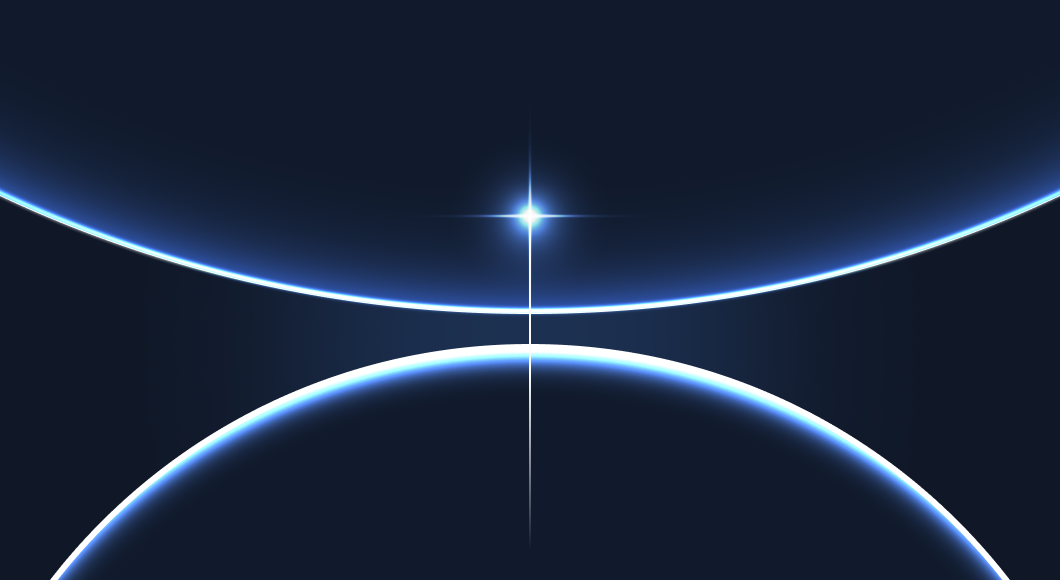 Bright star shining between the curved edges of two illuminated celestial bodies against a dark space background.