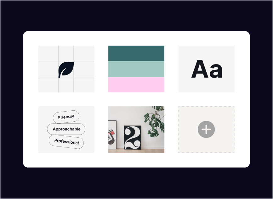 Six icon-like panels including a leaf, color stripes, Aa typography, descriptive words, framed art, and a plus symbol.