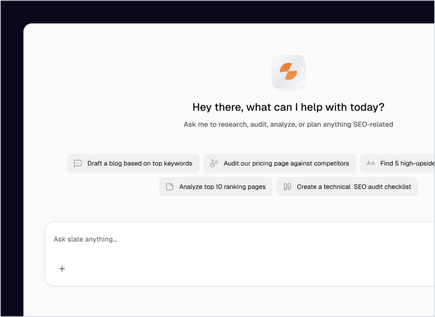 SEO assistant interface offering tasks like drafting blogs, auditing pages, analyzing rankings, and creating SEO checklists.