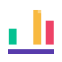 Bar chart with four vertical bars in teal, white, orange, and red on a purple base.