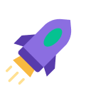 Purple rocket ship with green window launching with bright orange flames and sparkles.