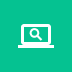 White computer monitor icon with magnifying glass on green square background.