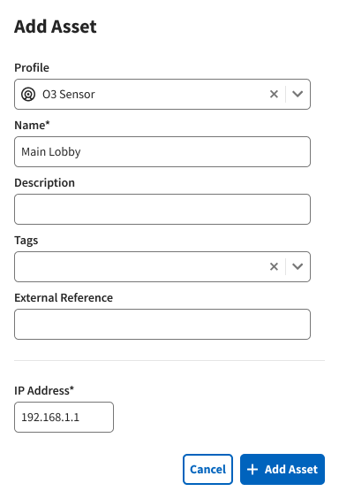 UI from ISAAC Workspace for adding an O3 Sensor asset