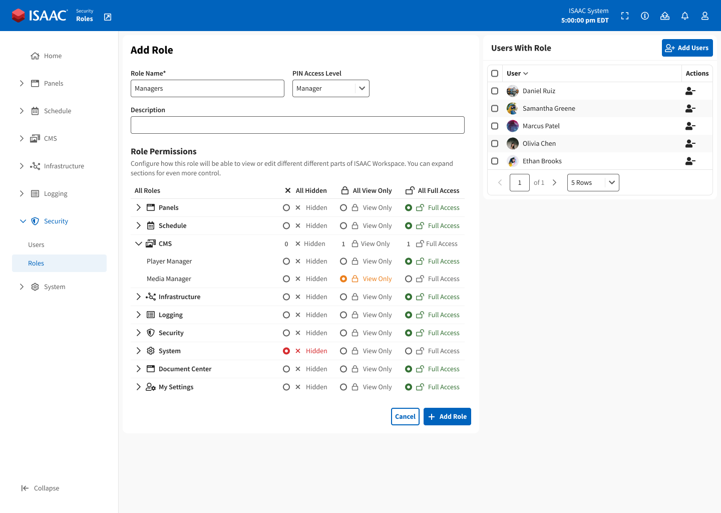 Mockup of ISAAC Workspace adding roles