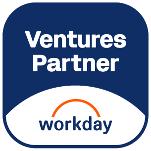 A blue and white logo for Workday.