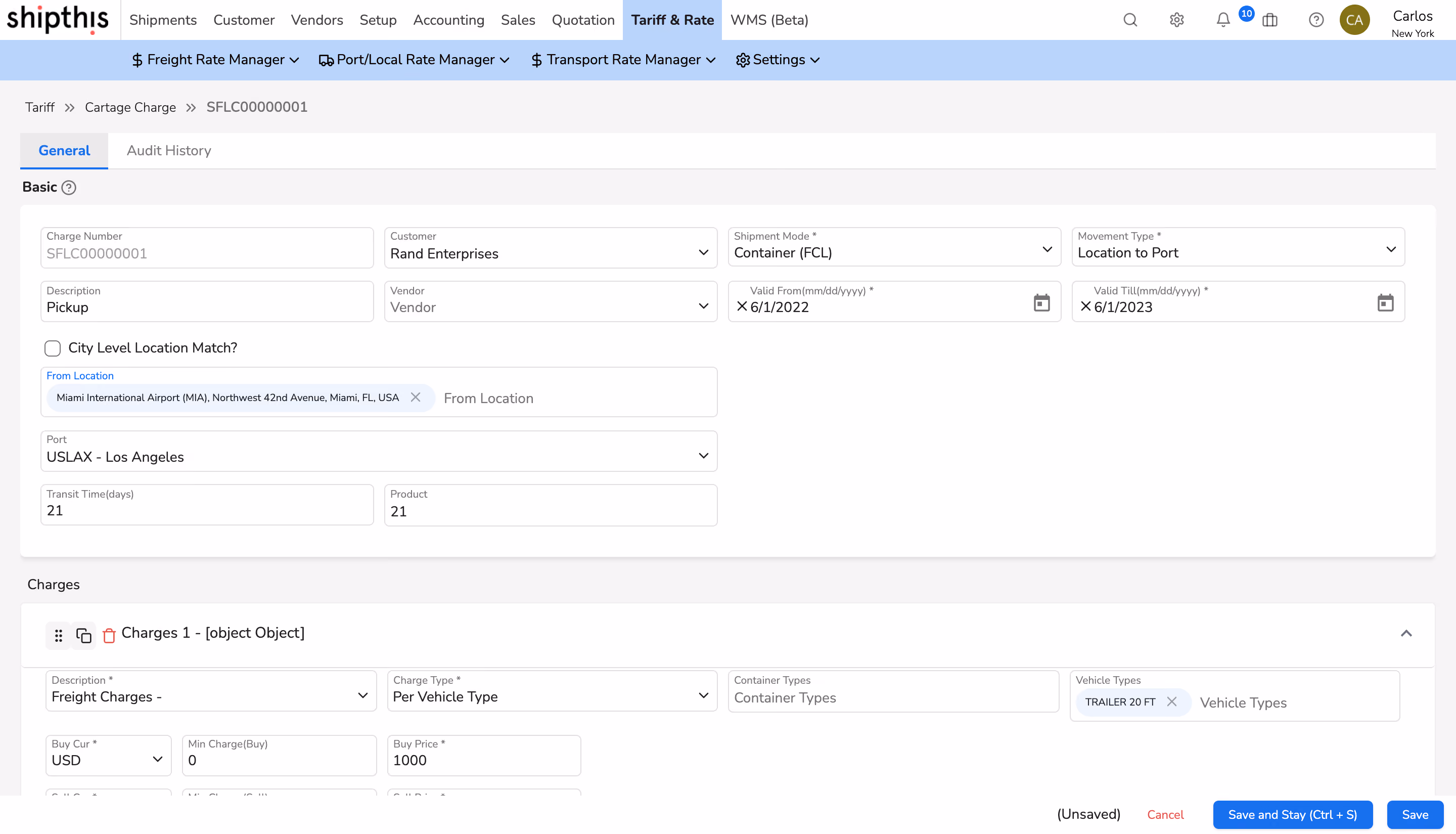 Shipthis freight rate software provides capabilities to configure all your cartage charges. Efficiently quote customers by pre configuring all the rates.