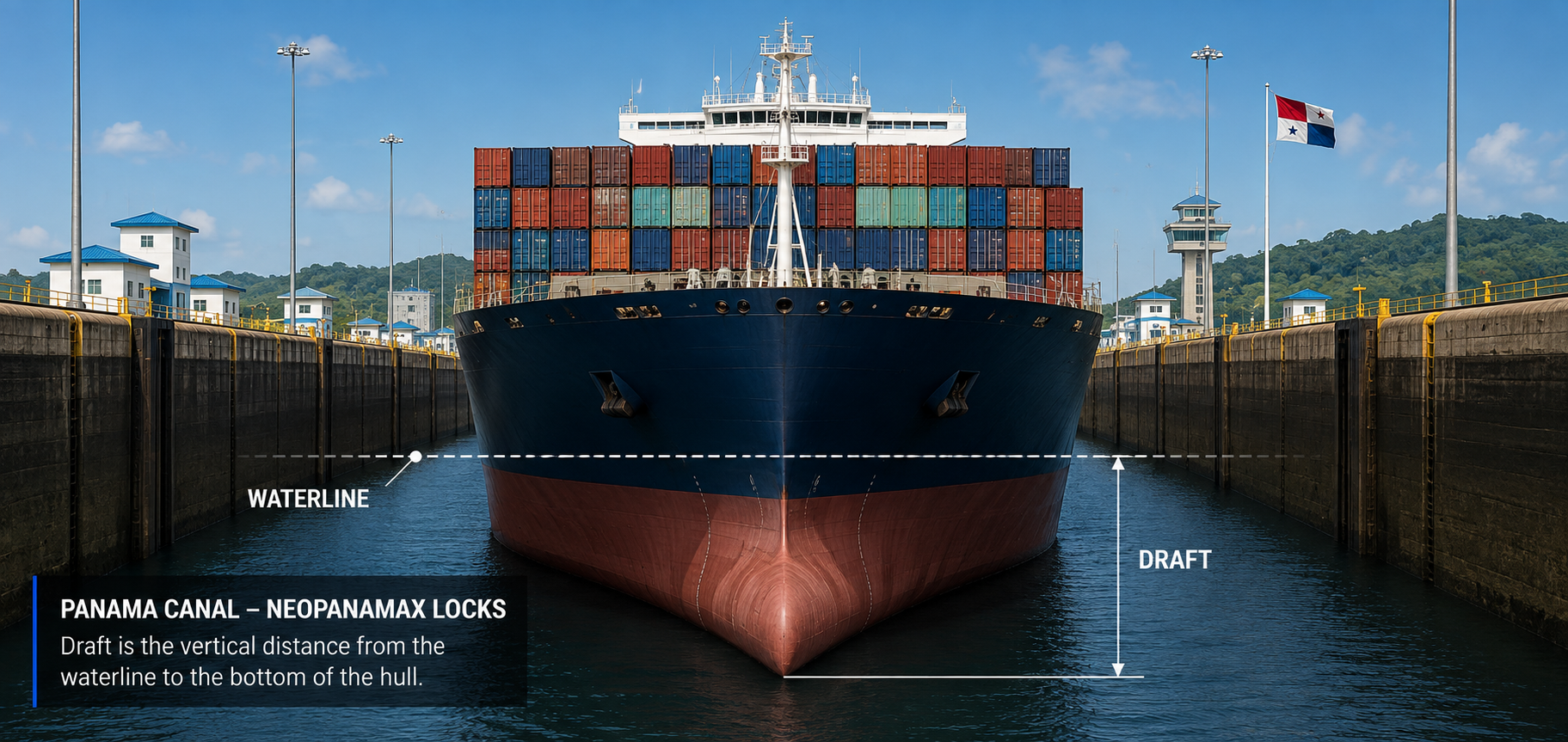 Container ship draft measured against the waterline in the Panama Canal Neopanamax locks