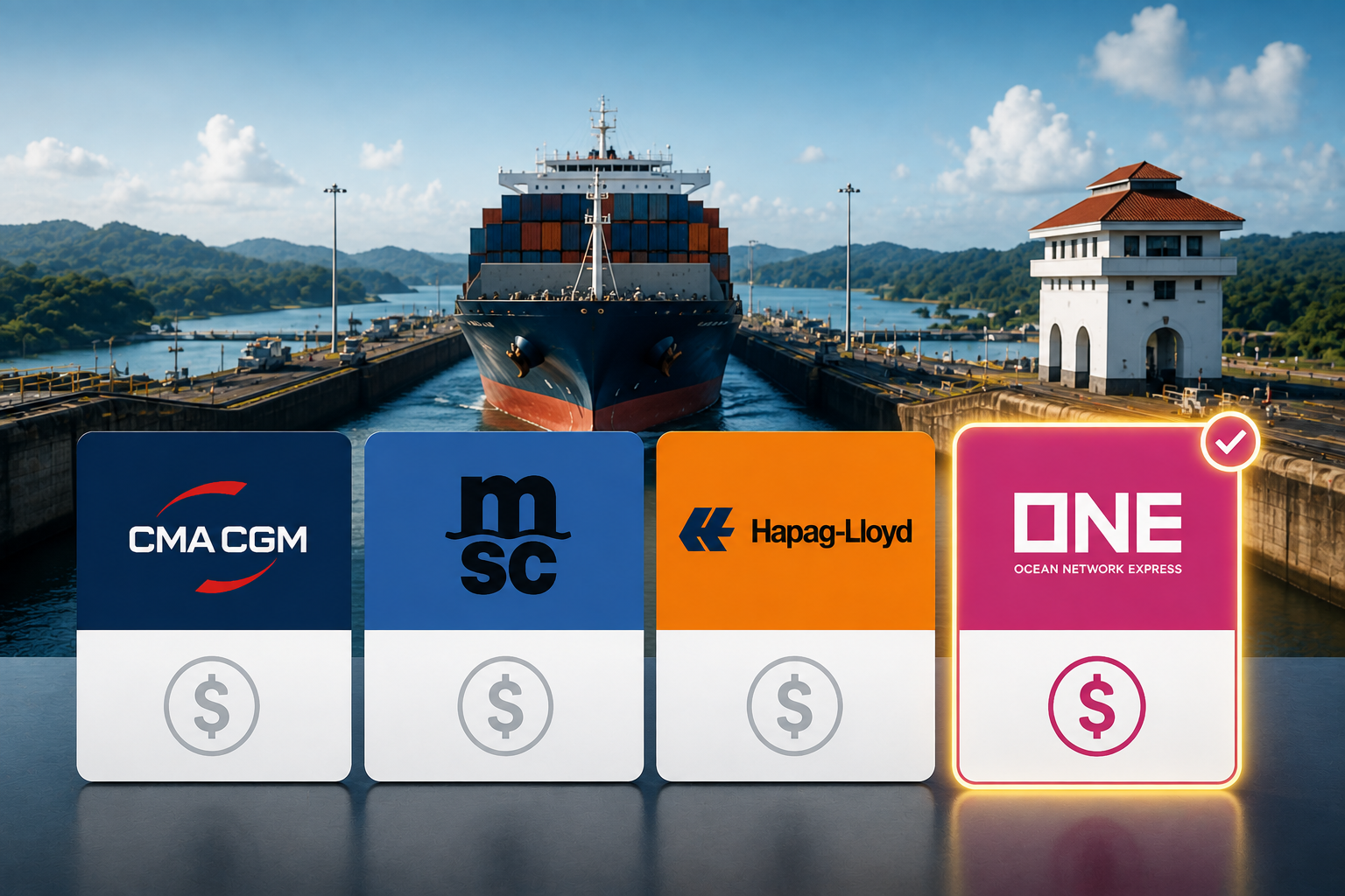 Panama Canal surcharge comparison across CMA CGM, MSC, Hapag-Lloyd and ONE in 2026".