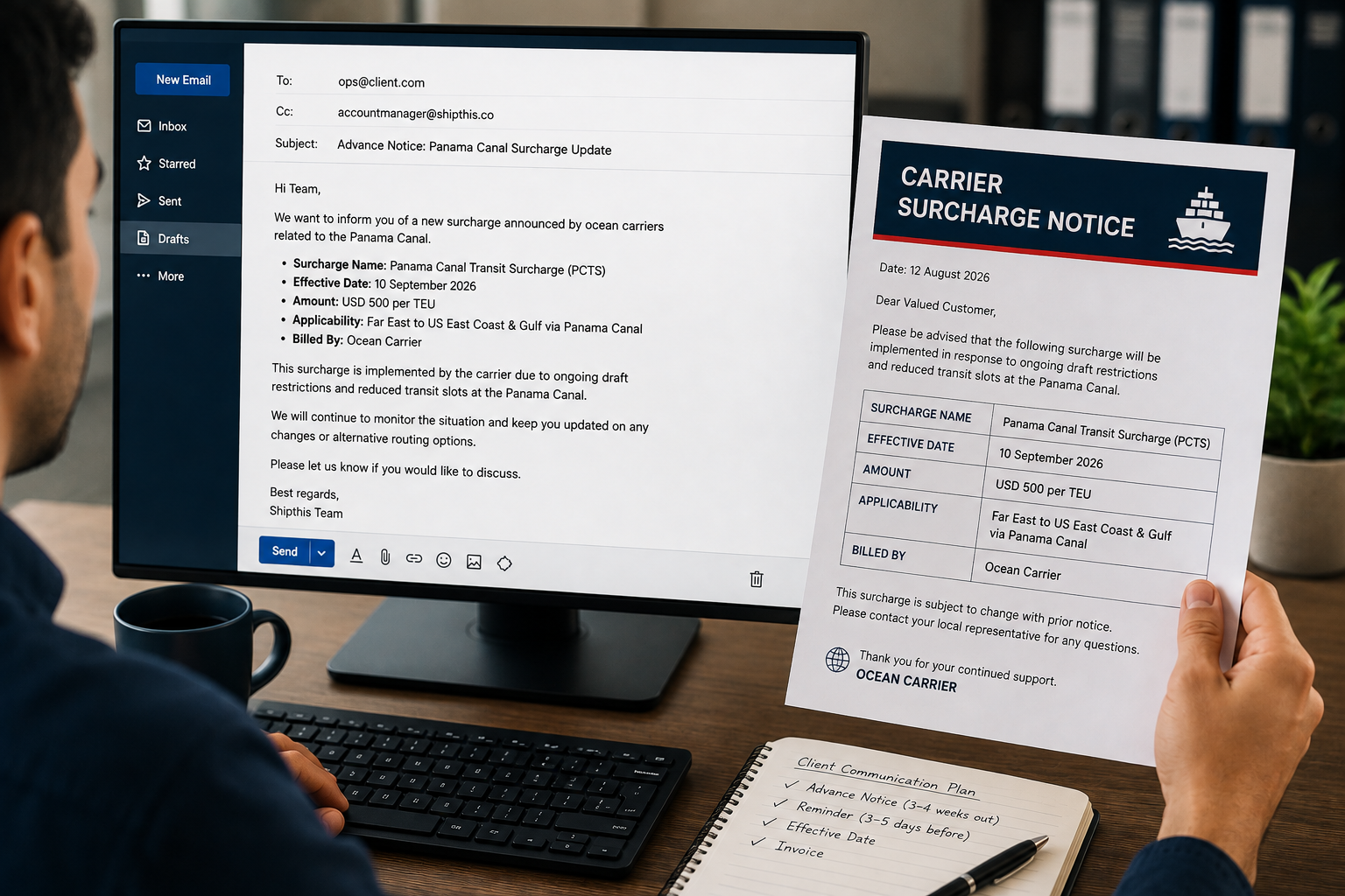 Freight forwarder preparing a client email about a Panama Canal carrier surcharge beside a generic carrier surcharge notice.