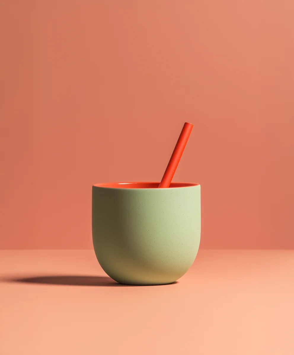 Green cup with straw on pastel background
