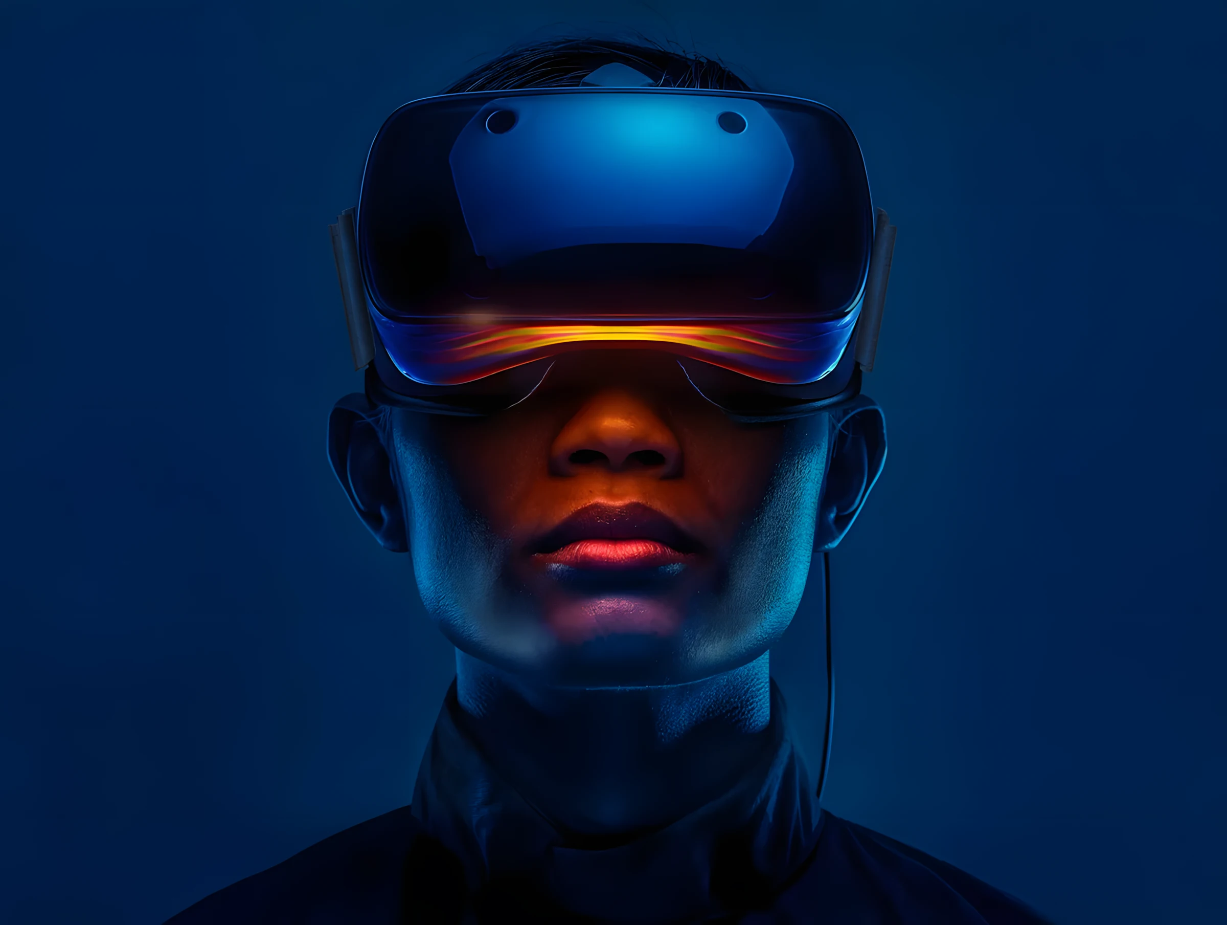 Man wearing a VR headset with blue lighting