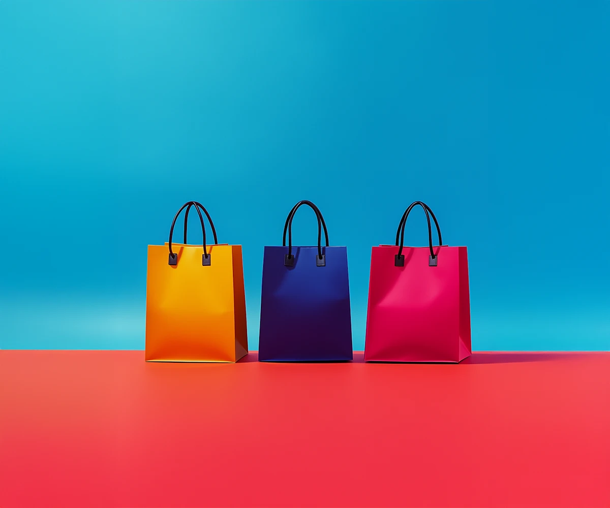 Three shopping bags in yellow, blue, and pink standing upright on a red surface with a blue background.