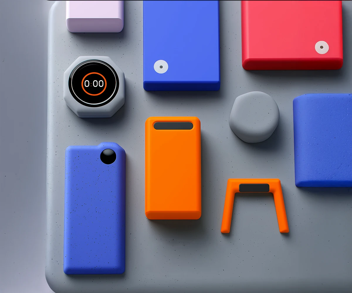 Colorful modern abstract shapes including rectangles and a circular timer set to 0:00 on a gray speckled surface.