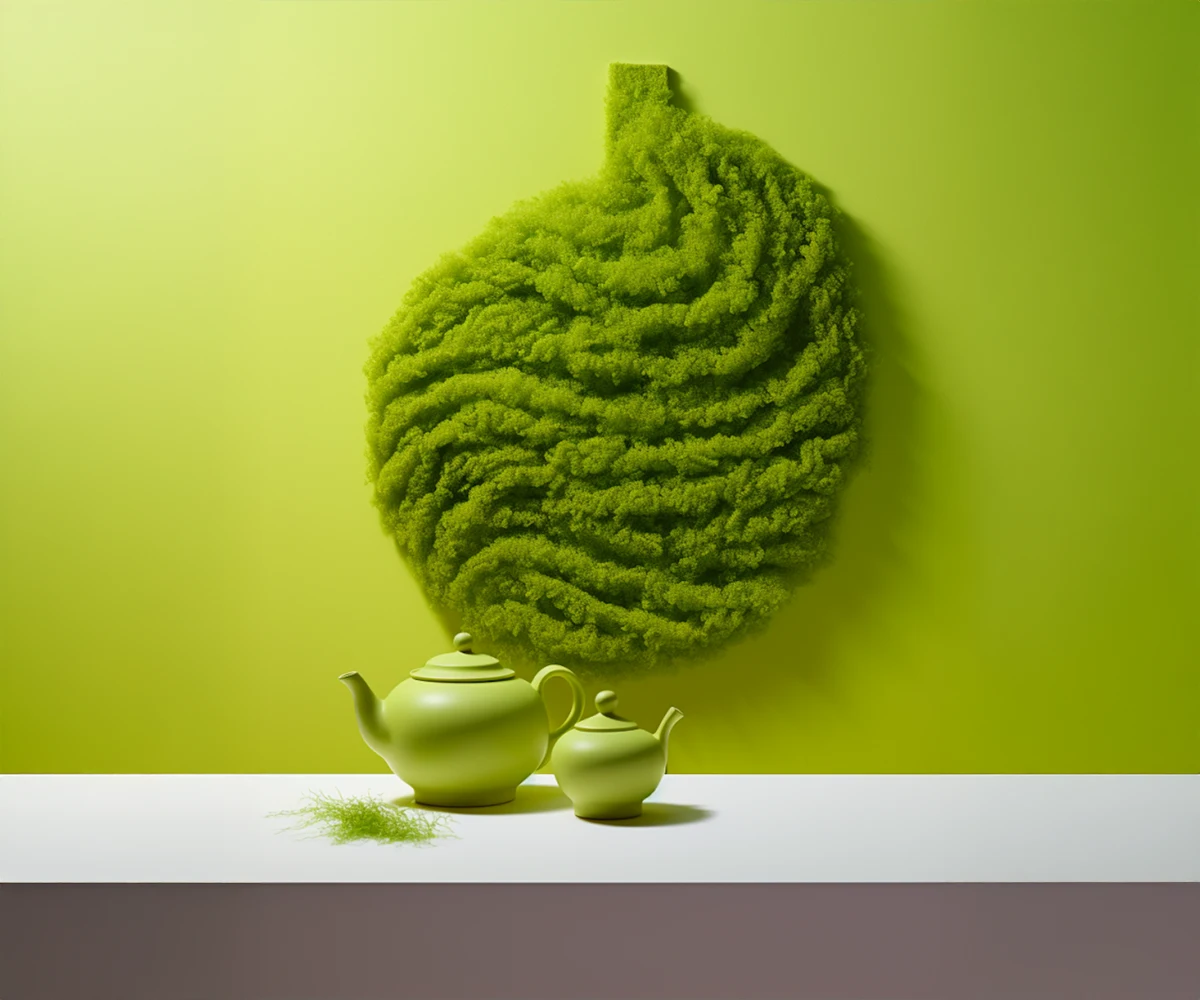 Green teapot and creamer on a white surface with a large leaf-shaped green moss wall decoration in the background.